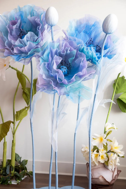 Zijden Organza Ombre Lila Blauwe Reuzenbloemen