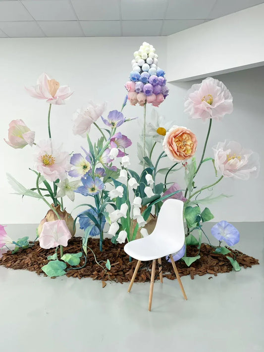 Vrijstaande gigantische papieren organza bloemenset - roze en paars, handgemaakte bruilofts-/evenementdecoratie