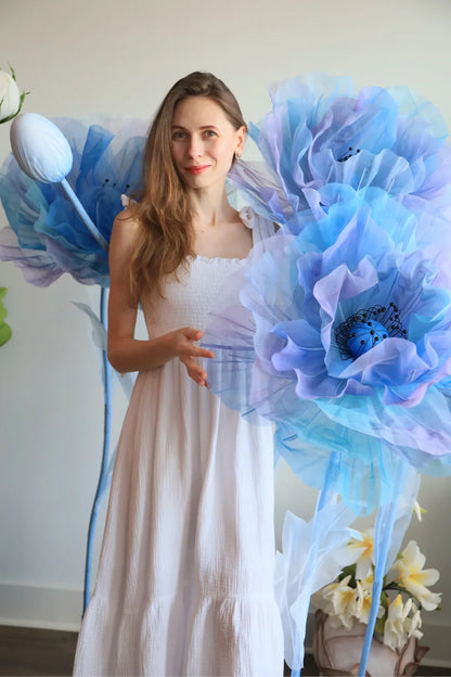 Zijden Organza Ombre Lila Blauwe Reuzenbloemen
