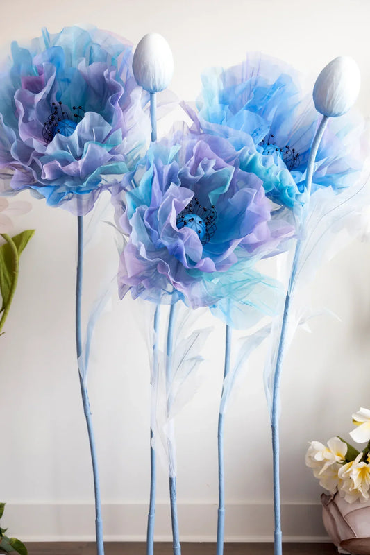 Zijden Organza Ombre Lila Blauwe Reuzenbloemen