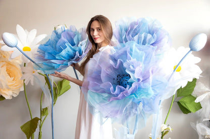 Zijden Organza Ombre Lila Blauwe Reuzenbloemen