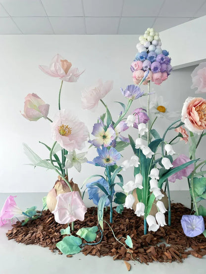Vrijstaande gigantische papieren organza bloemenset - roze en paars, handgemaakte bruilofts-/evenementdecoratie