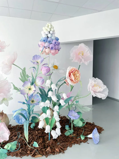 Vrijstaande gigantische papieren organza bloemenset - roze en paars, handgemaakte bruilofts-/evenementdecoratie